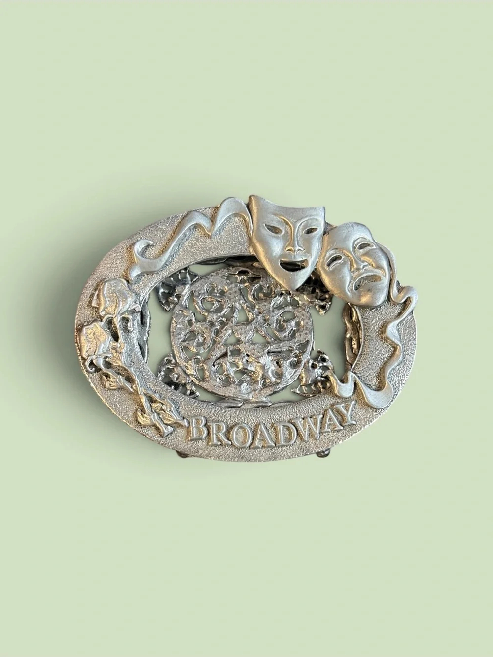 Vintage Broadway Comedy Tragedy Theater Mask Celtic Silver Tone Belt Buckle